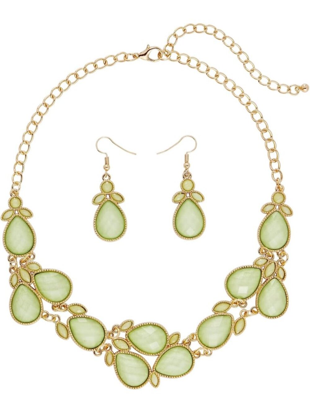 Women's Sage Green Water Drop Collar Necklace Earrings Set Statement Jewelry